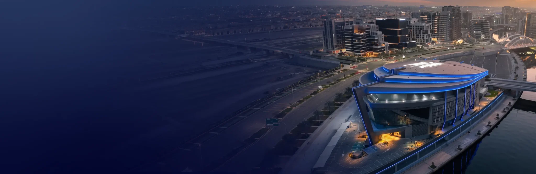 Aerial view of Space42 Arena at dusk, Al Raha Beach, Abu Dhabi