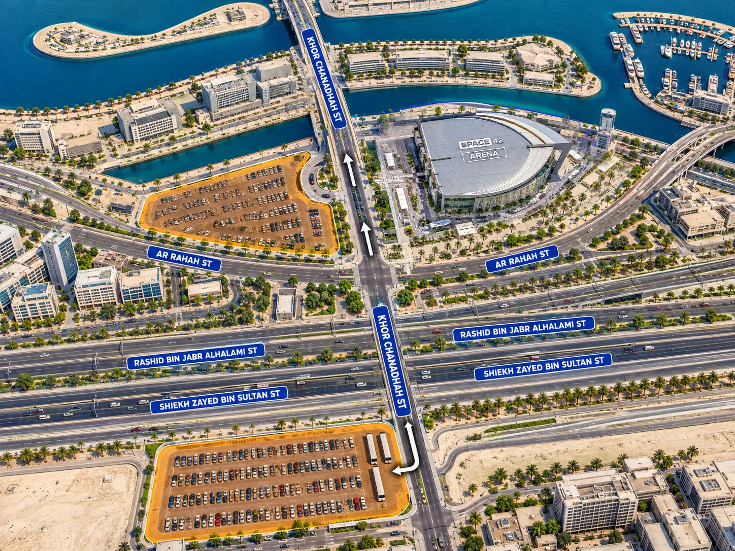 Aerial view of Space42 Arena and its surrounding roads and parking areas